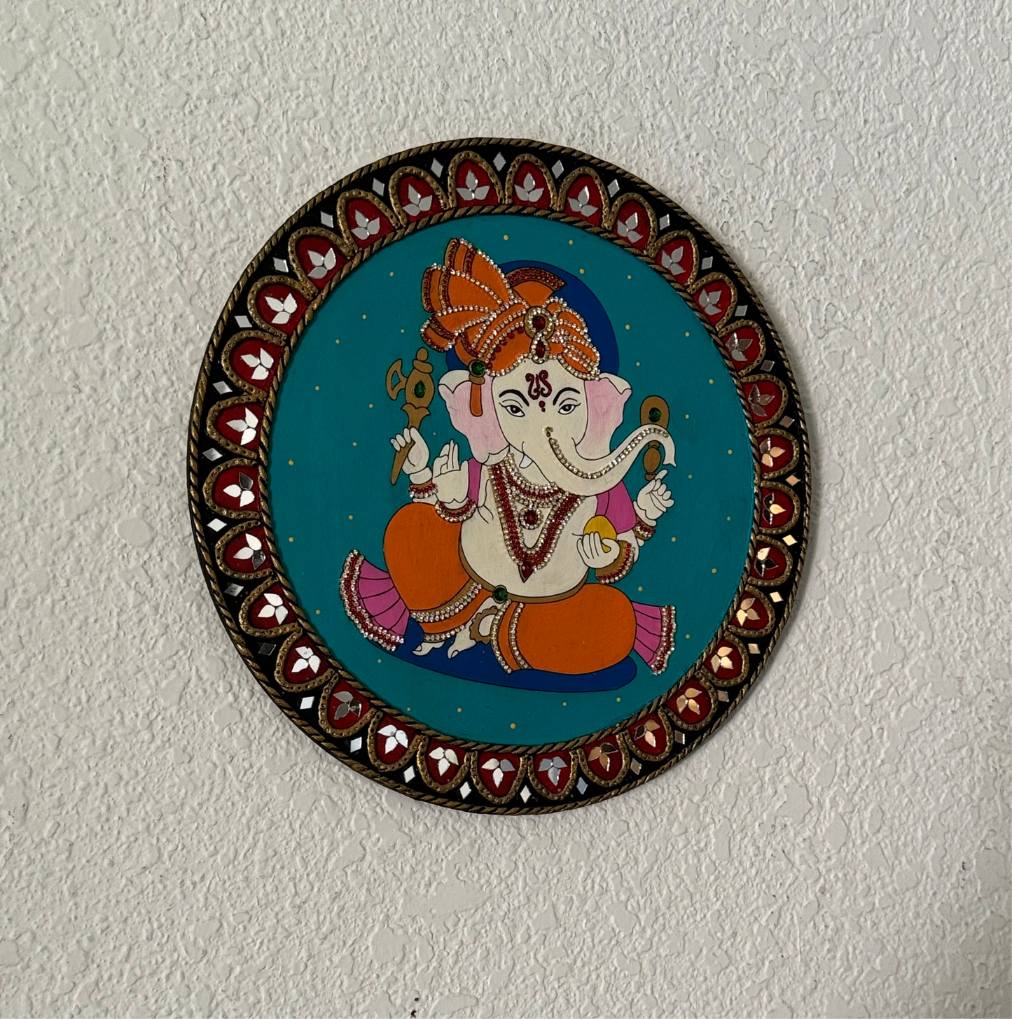Hand Painted 12 inch Sri Ganesha Lippan Art on MDF base