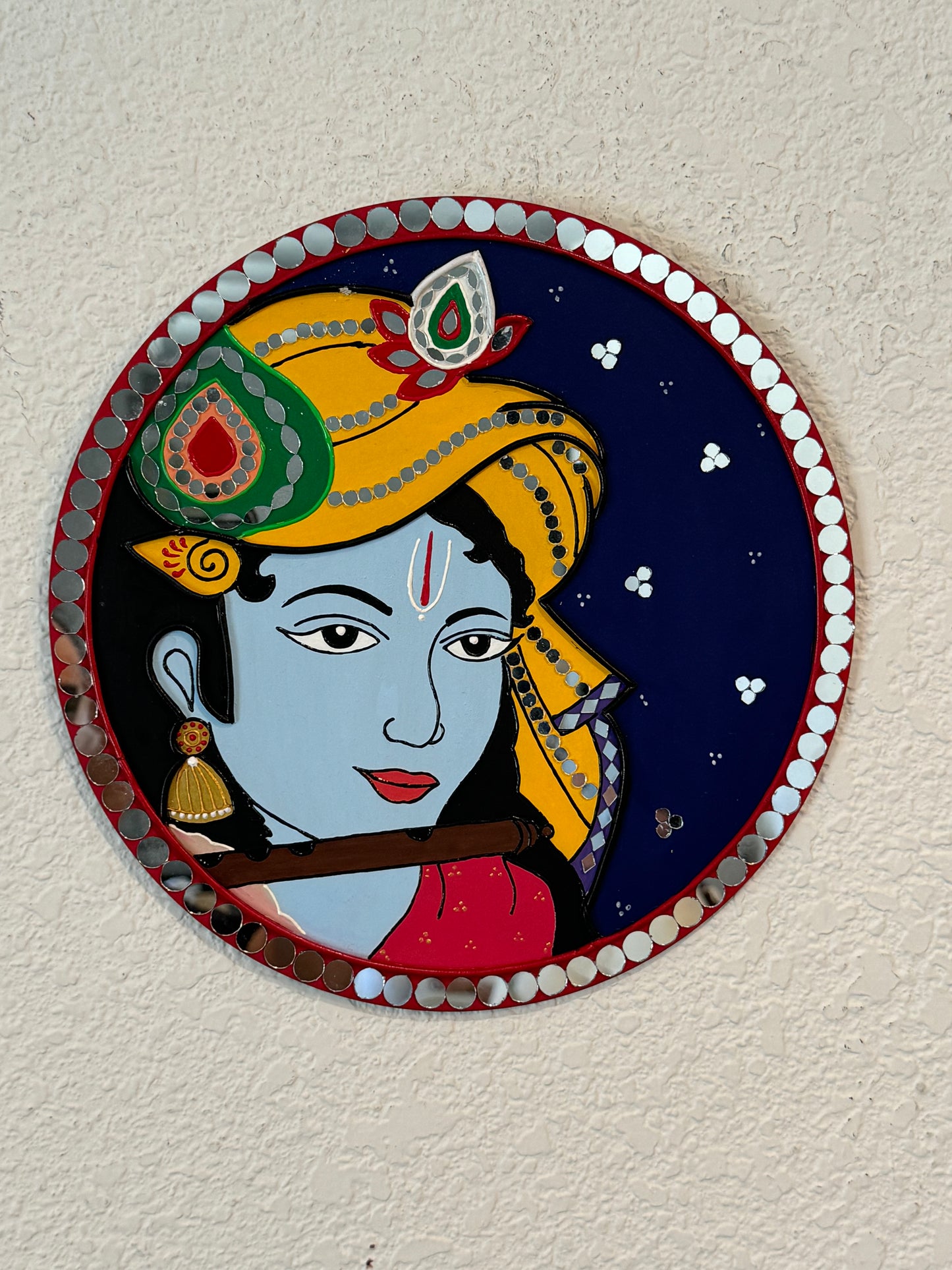Gorgeous 12 inch Hand Painted Sri Krishna Lippan Wall Art