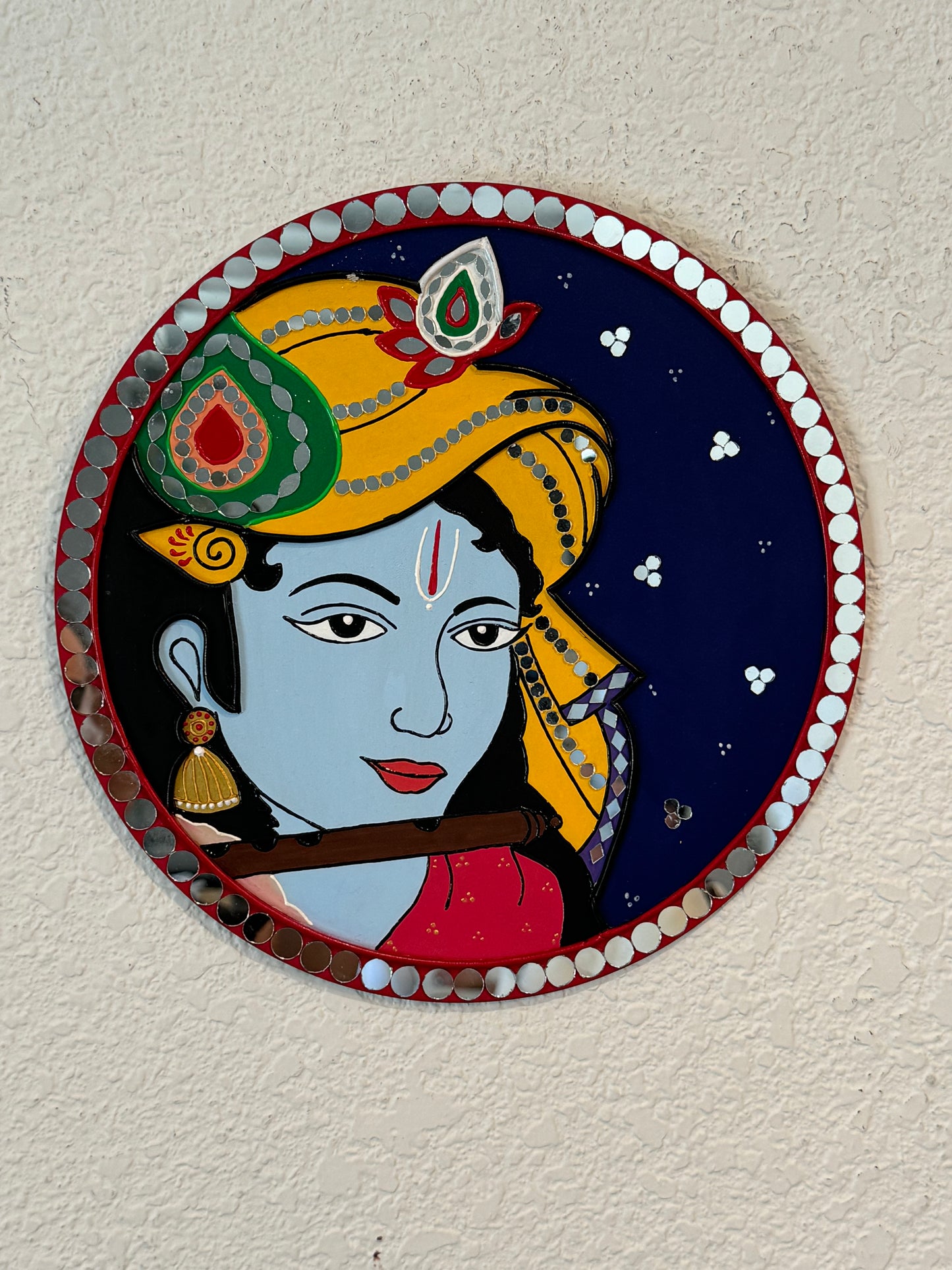 Gorgeous 12 inch Hand Painted Sri Krishna Lippan Wall Art