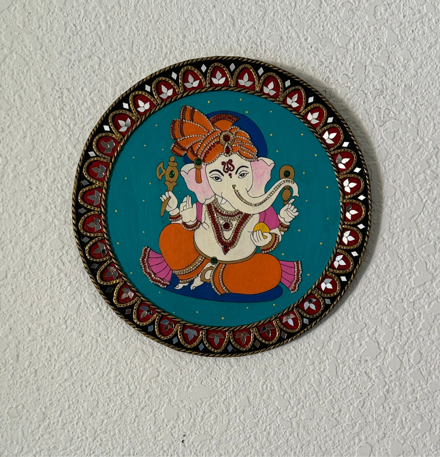 Hand Painted 12 inch Sri Ganesha Lippan Art on MDF base