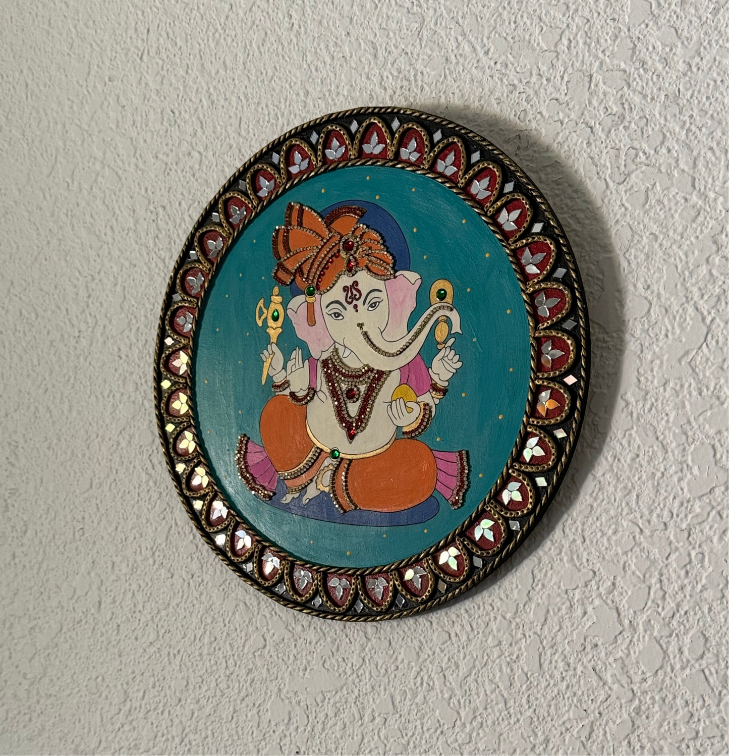 Hand Painted 12 inch Sri Ganesha Lippan Art on MDF base