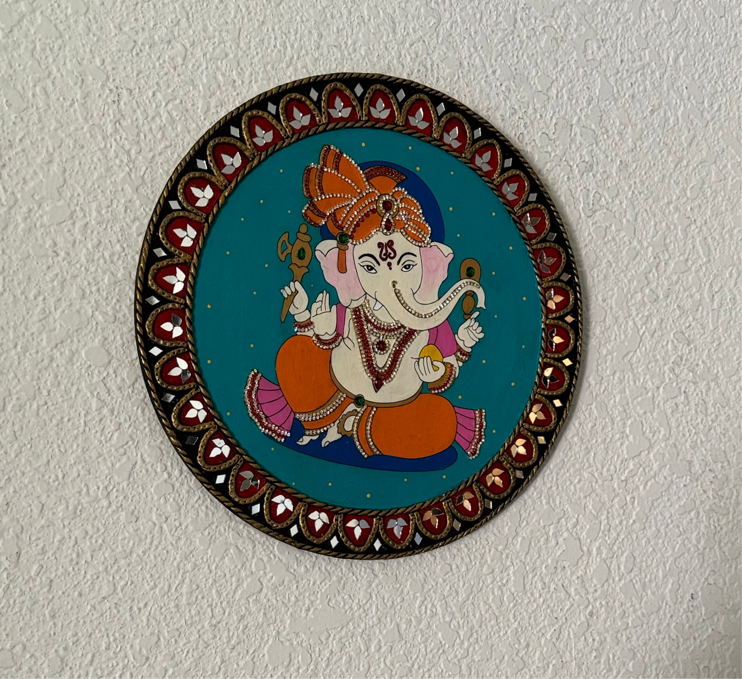 Hand Painted 12 inch Sri Ganesha Lippan Art on MDF base