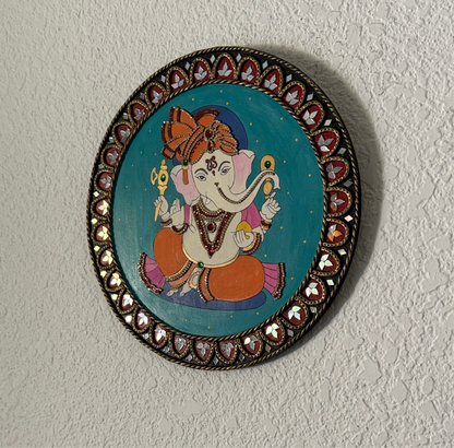 Hand Painted 12 inch Sri Ganesha Lippan Art on MDF base