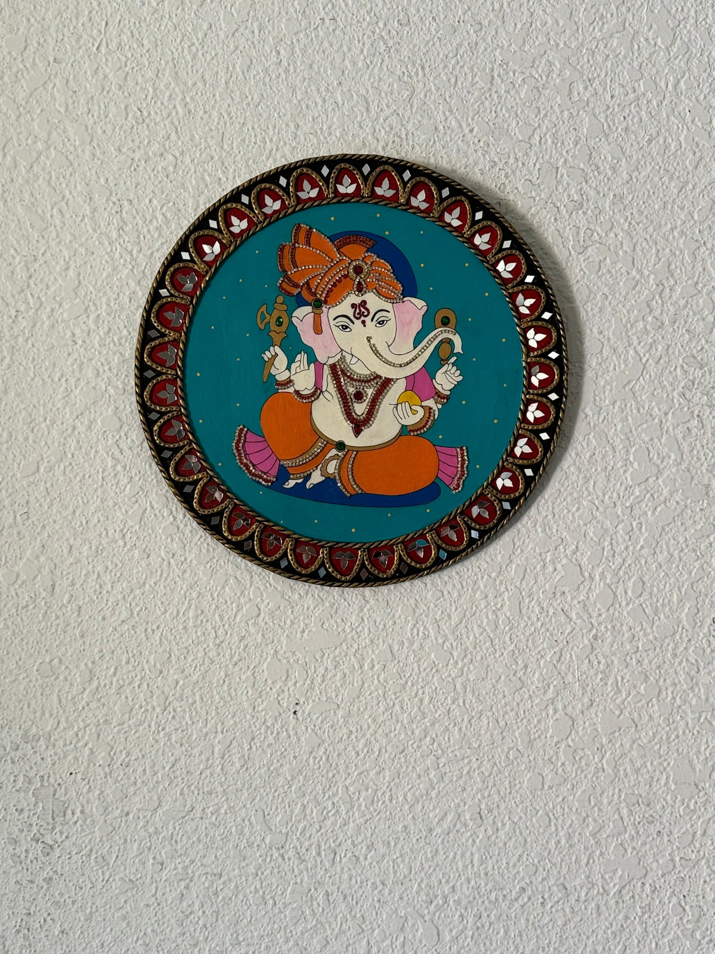 Hand Painted 12 inch Sri Ganesha Lippan Art on MDF base