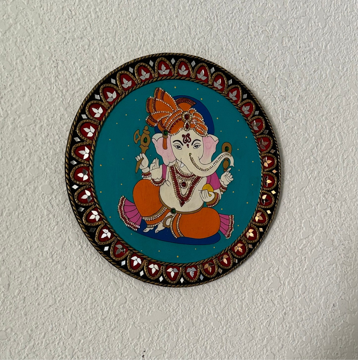 Hand Painted 12 inch Sri Ganesha Lippan Art on MDF base