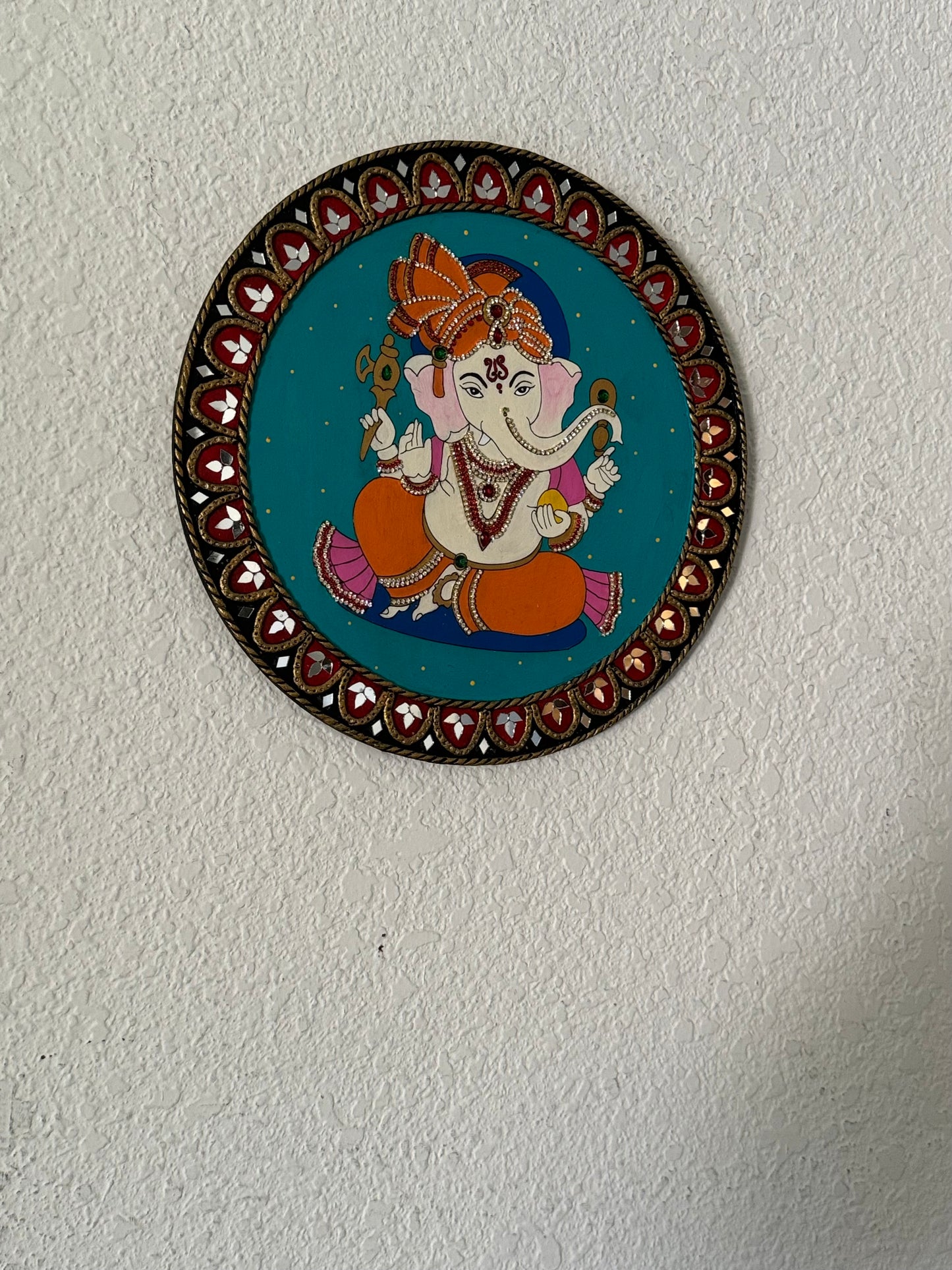 Hand Painted 12 inch Sri Ganesha Lippan Art on MDF base