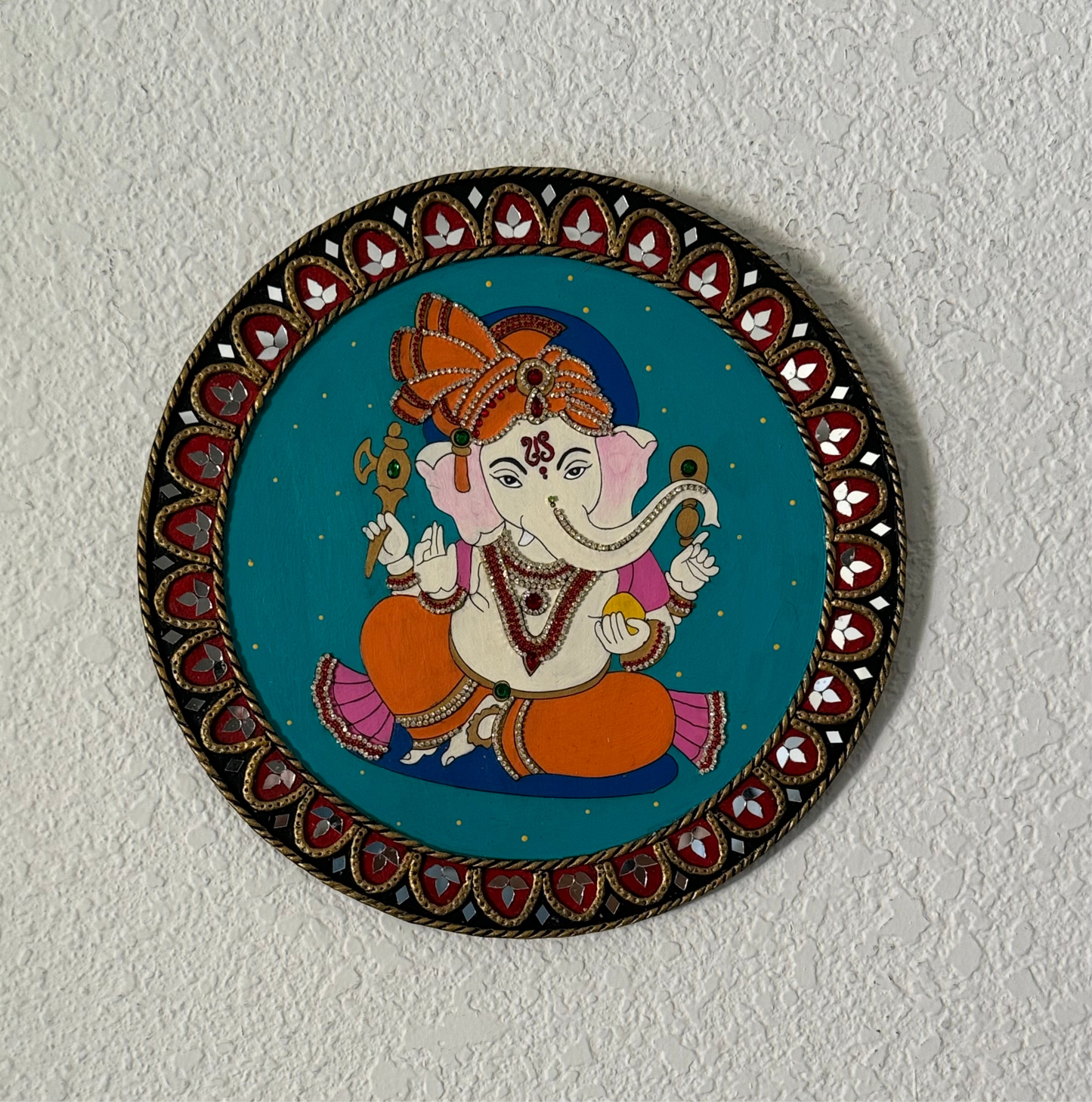 Hand Painted 12 inch Sri Ganesha Lippan Art on MDF base