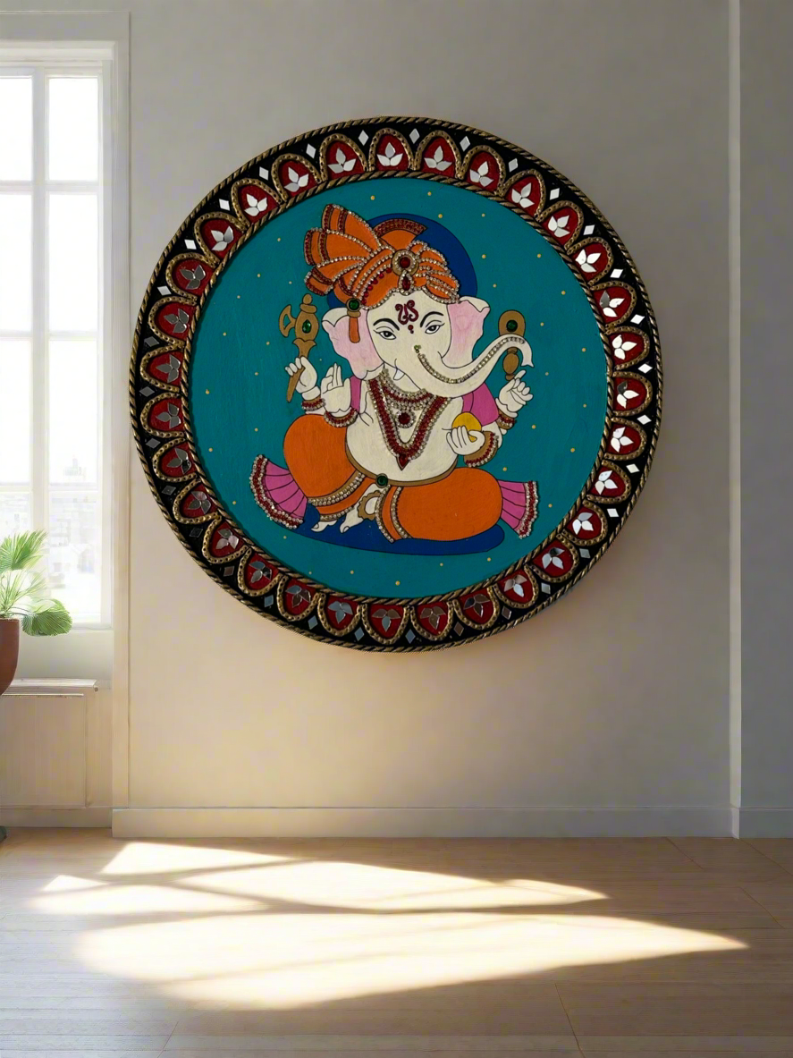 Hand Painted 12 inch Sri Ganesha Lippan Art on MDF base