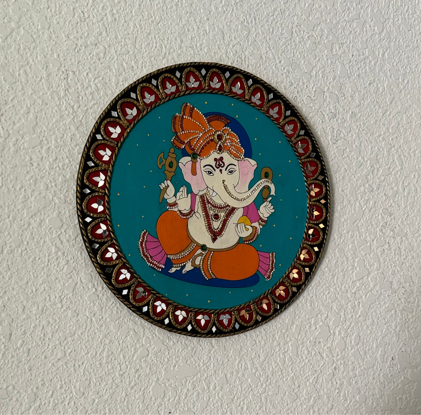 Hand Painted 12 inch Sri Ganesha Lippan Art on MDF base