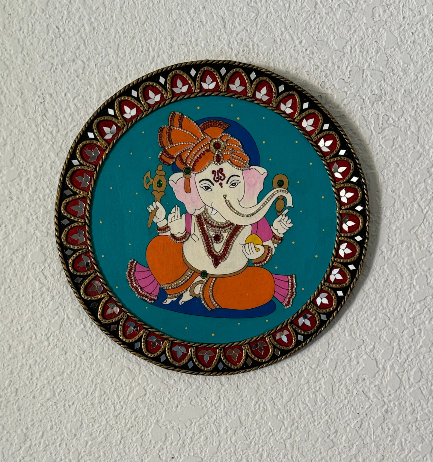 Hand Painted 12 inch Sri Ganesha Lippan Art on MDF base