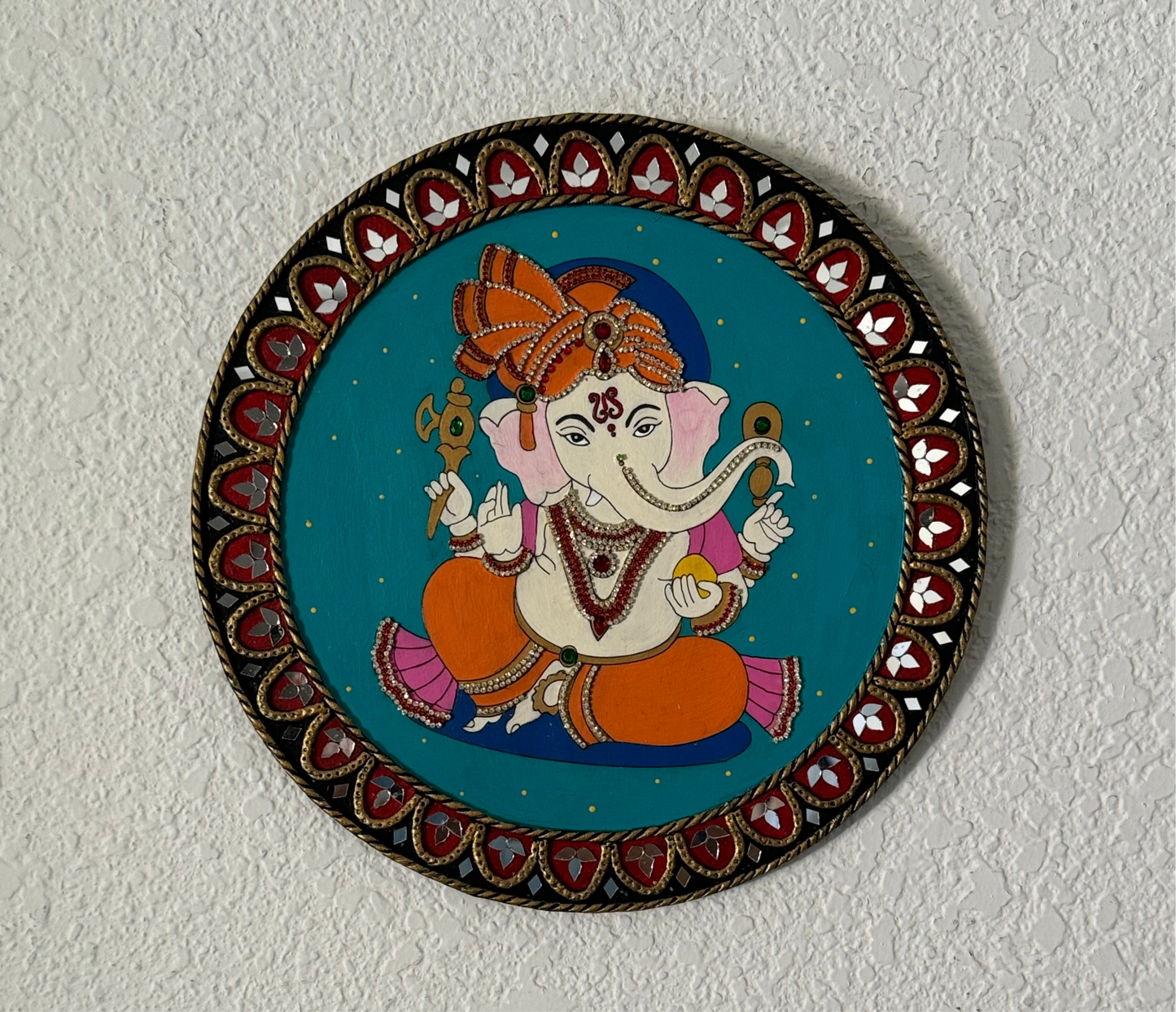 Hand Painted 12 inch Sri Ganesha Lippan Art on MDF base