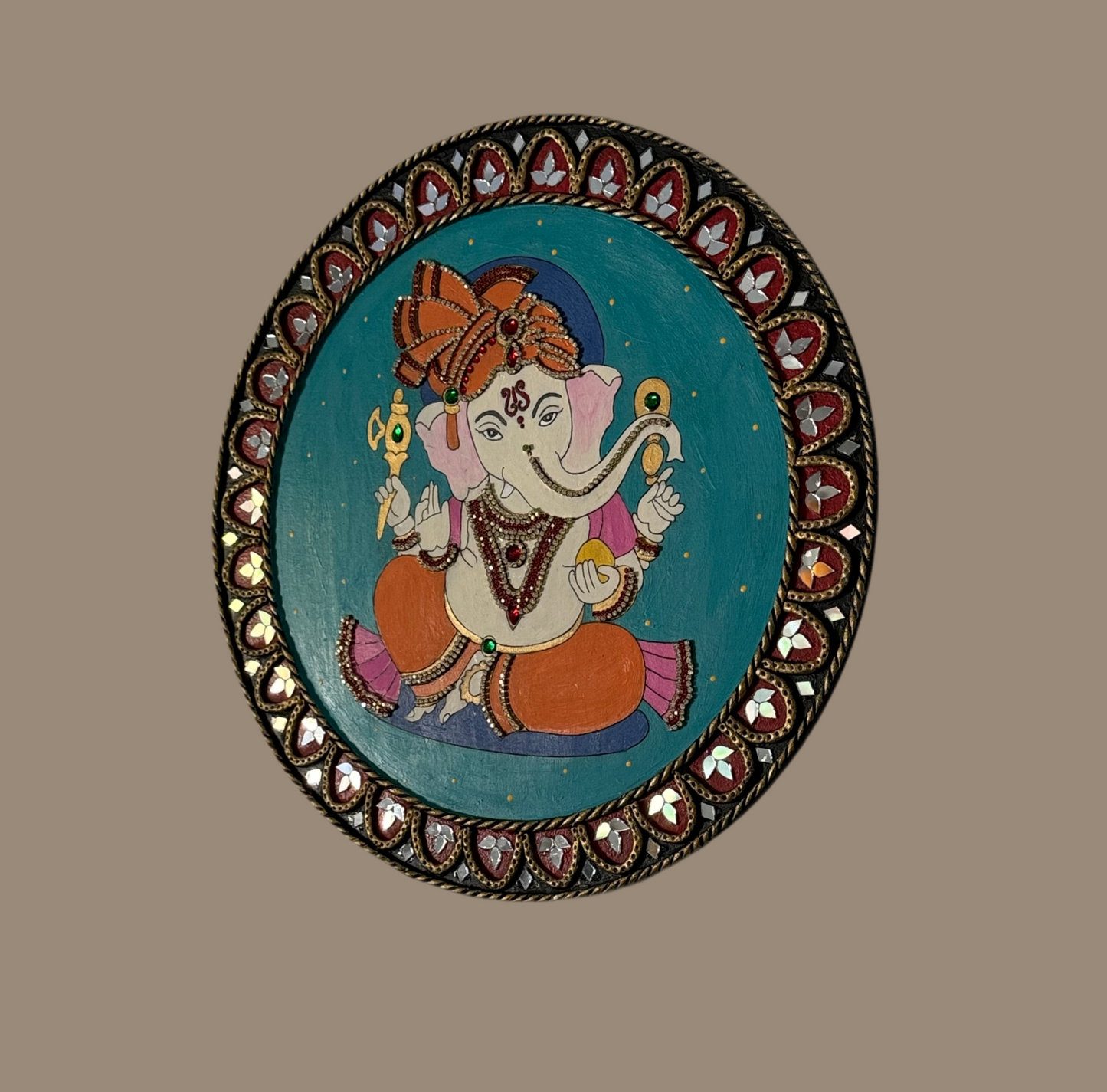 Hand Painted 12 inch Sri Ganesha Lippan Art on MDF base