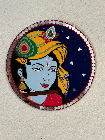 Gorgeous 12 inch Hand Painted Sri Krishna Lippan Wall Art