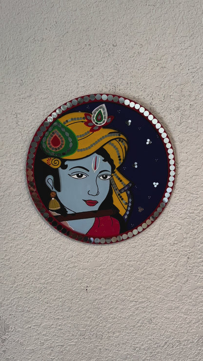 Gorgeous 12 inch Hand Painted Sri Krishna Lippan Wall Art