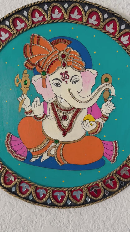 Hand Painted 12 inch Sri Ganesha Lippan Art on MDF base